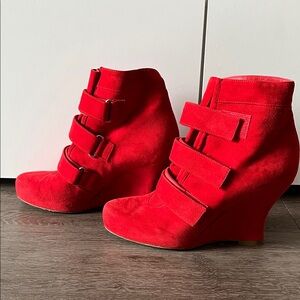 Tabitha Simons Women's Red Suede Wedge Booties with Strap Details